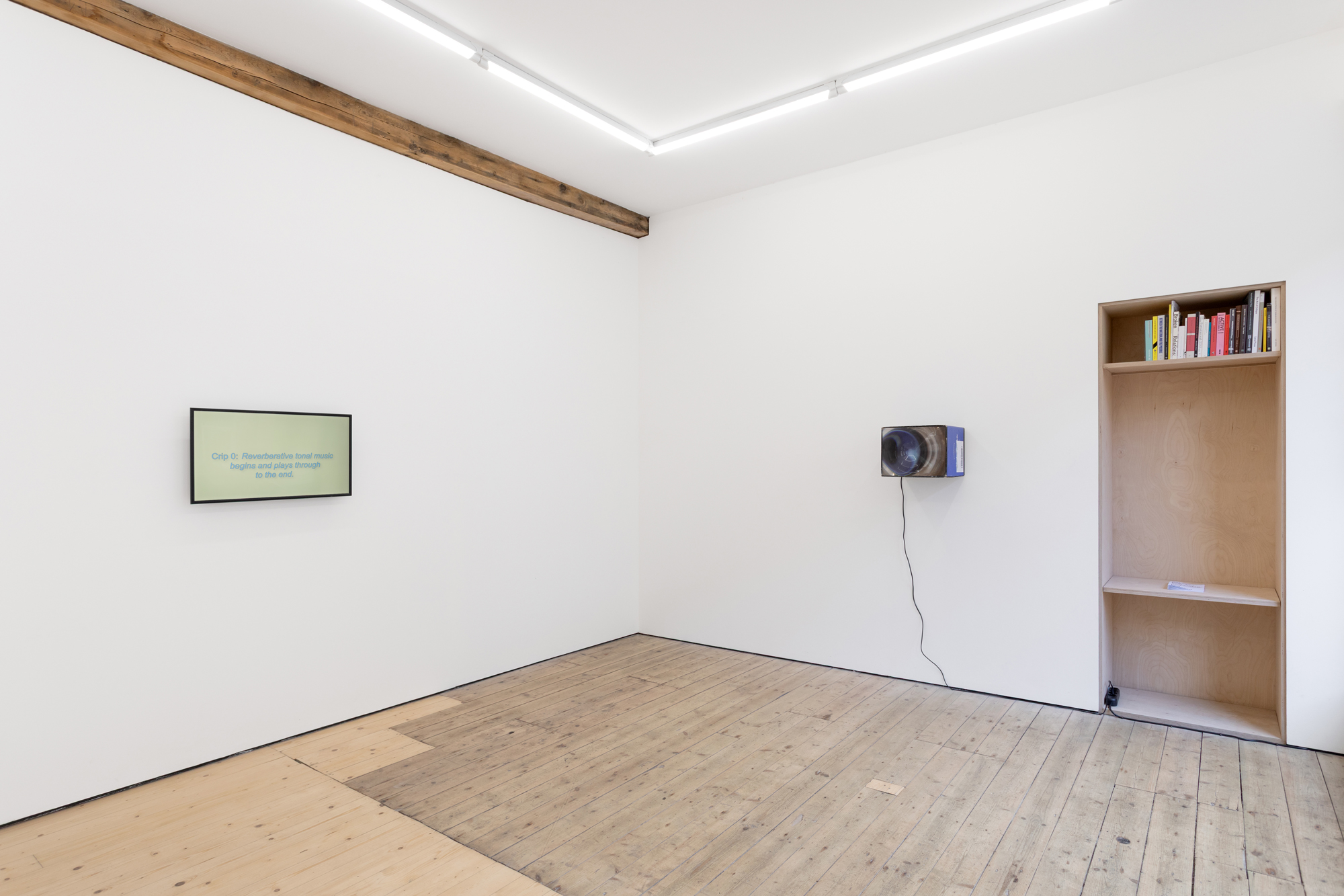 A screen placed in a white gallery space, to the right of which a blue cardboard box is hung beside an open bookshelf.  The words 'Crip 0: Reverberative tonal music begins and plays through to the end' appear on the screen. The front of the cardboard box has been altered to accommodate a distorted plastic film.
