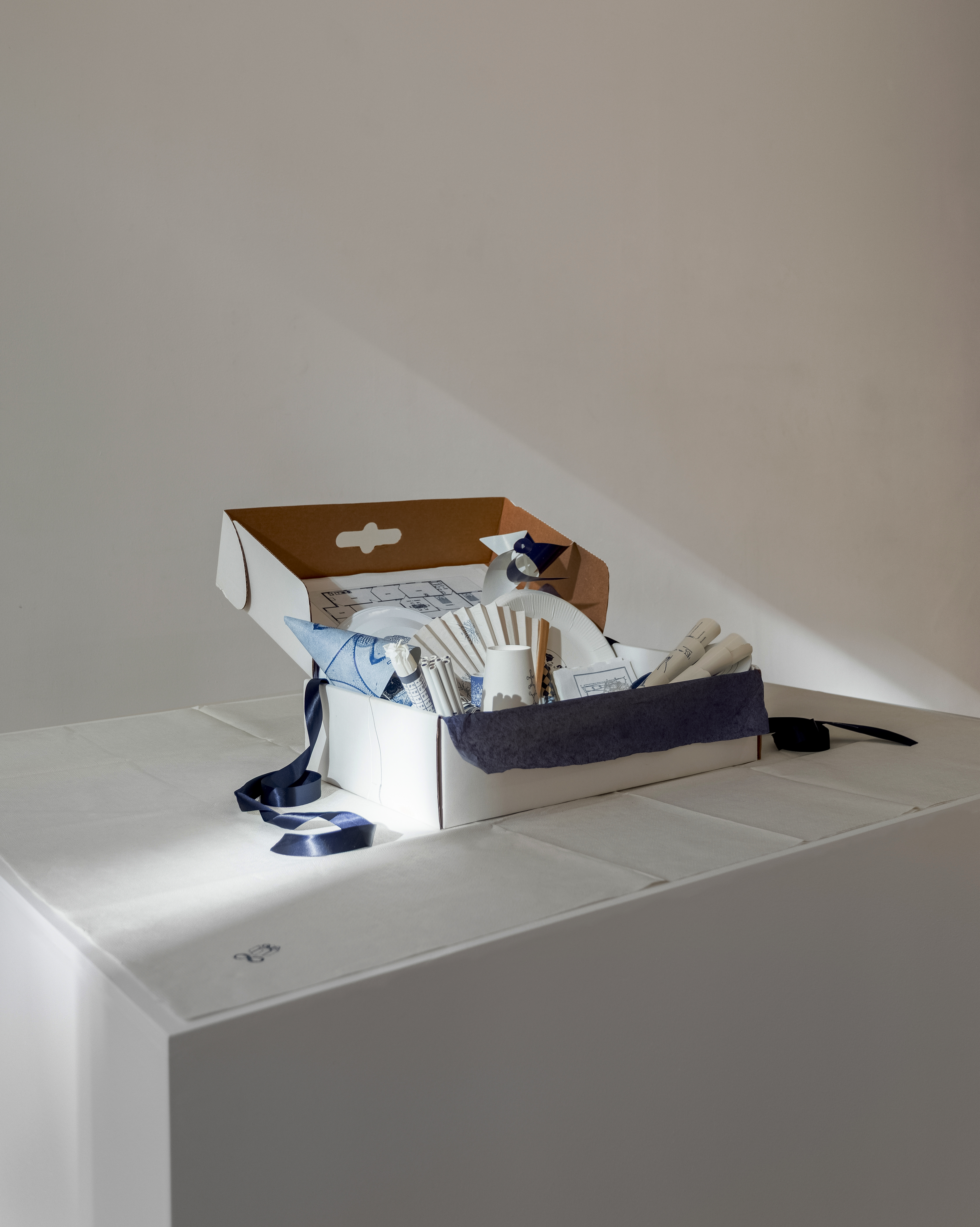 A white cardboard box rests upon a white box, within which is arranged a variety of party accessories.